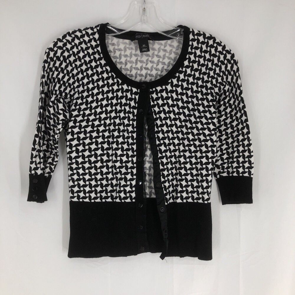 White House Black Market Cardigan Sweater Snap 3/4 Sleeve Black Houndstooth XS